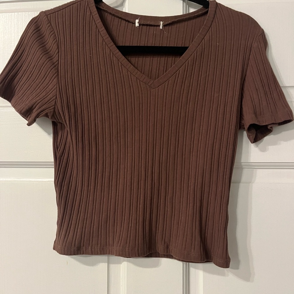 Brown Ribbed V-Neck Women's Top